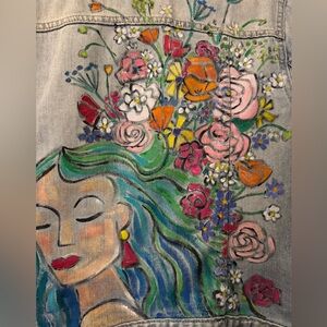 Hand-Painted Denim Jacket with Floral and Portrait Design